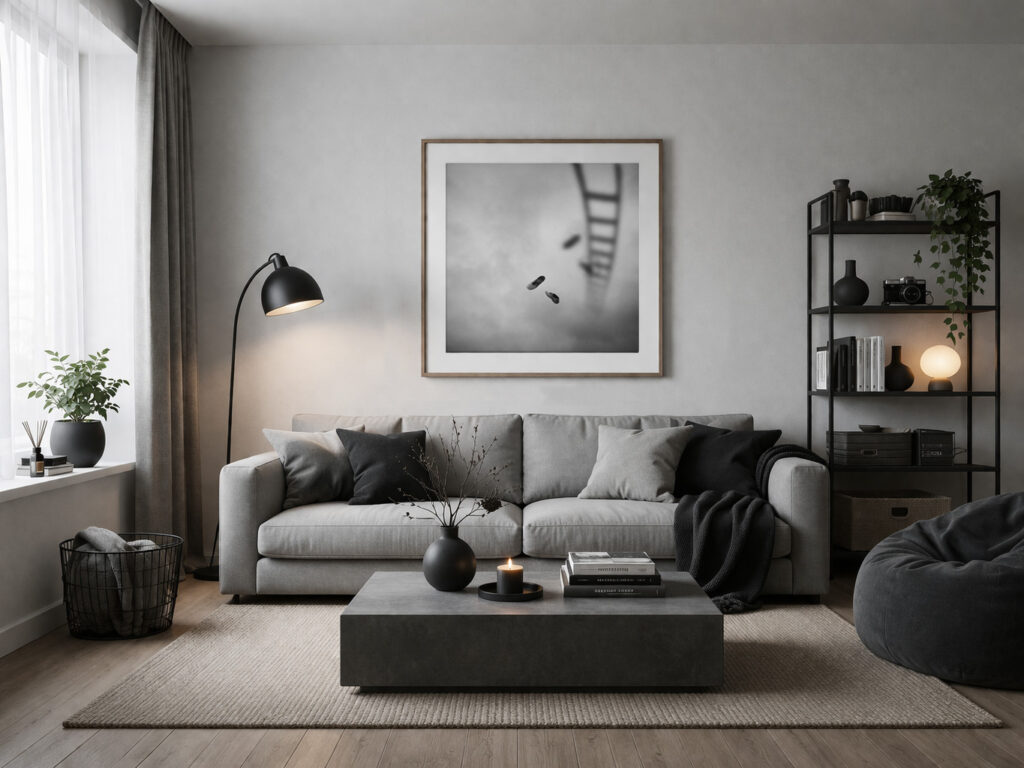 Fine art photograph in a square frame displayed in a minimalist interior
