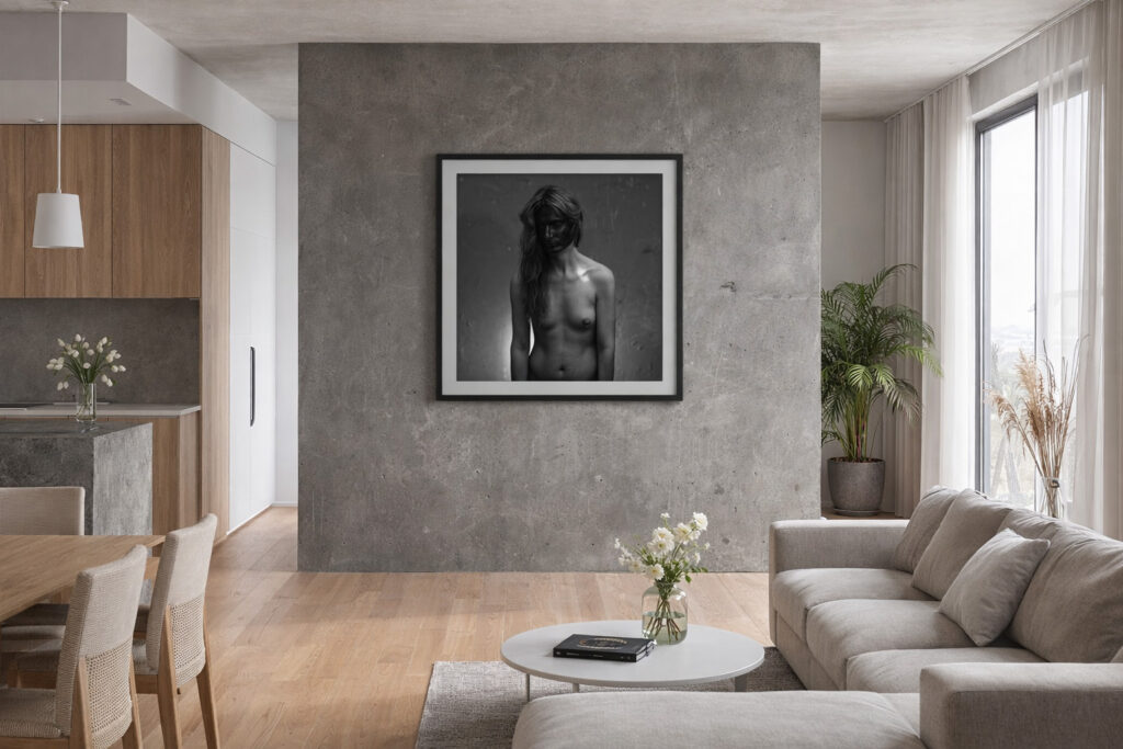 Fine art photograph in a square frame displayed in a modern interior