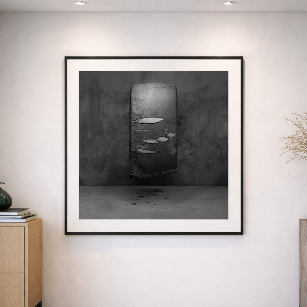 Fine art photograph in a square frame displayed in a minimalist interior