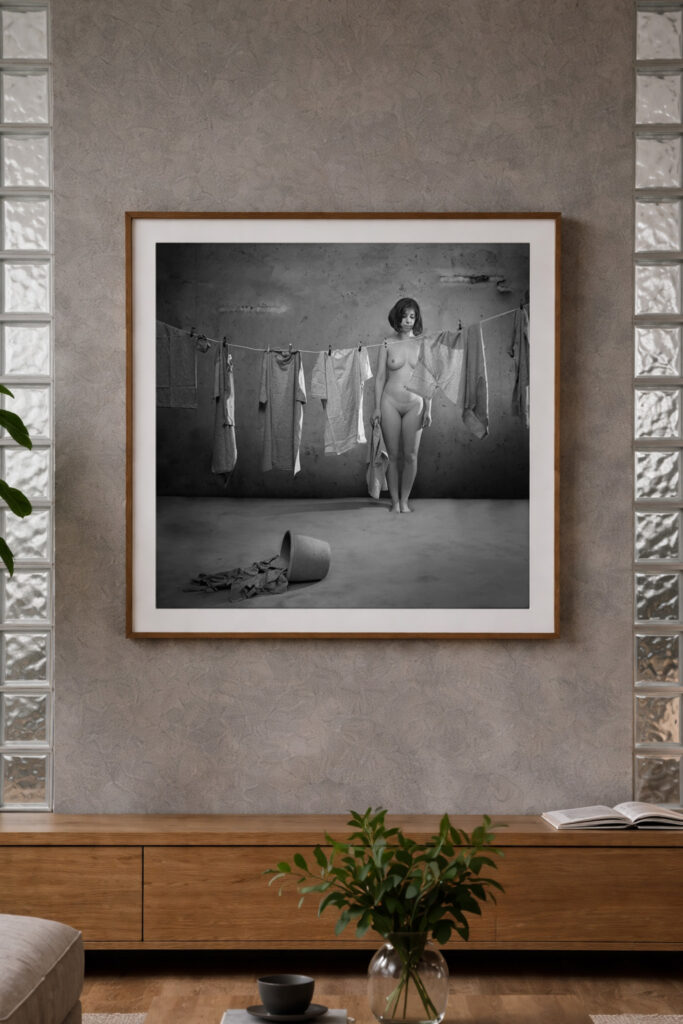 Fine art photograph in a square frame displayed in a modern interior